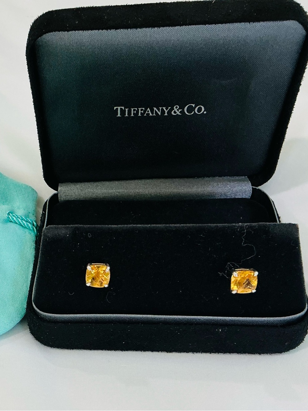 Tiffany & Co. Yellow Cushion-Cut Stud Earrings with Signature Pouch